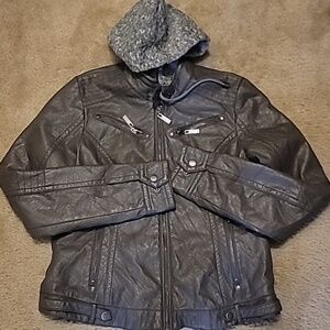 J2 Jou Jou Juniors' Faux-Leather Knit-Hood Jacket